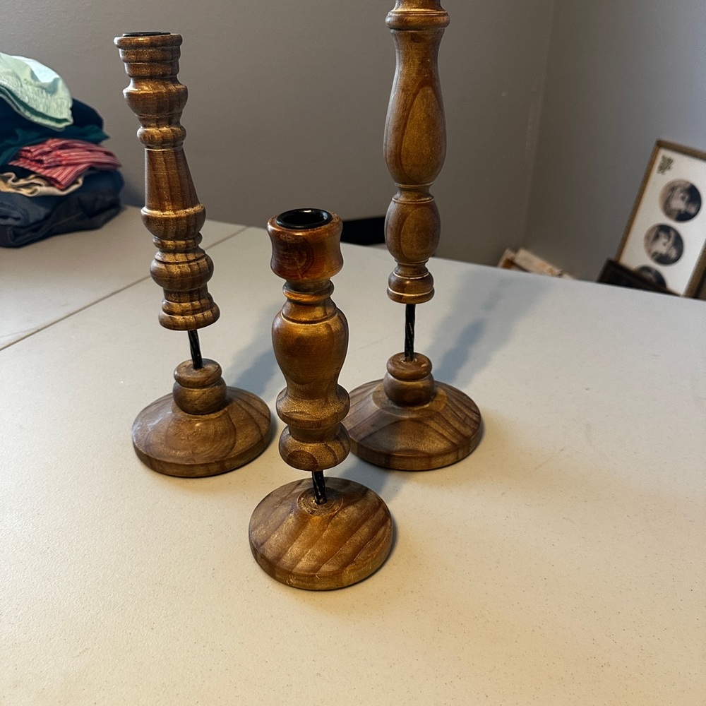 Wooden Turned Candlestick Set - Brown